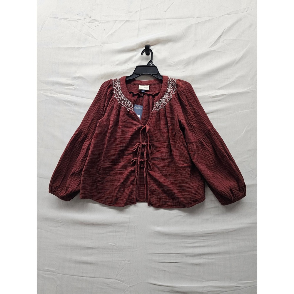 Universal Thread Womens Embroidered Blouse Maroon Cotton Casual Size Small